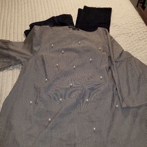 Zac Posen bell sleeve stripped shirt with pearls